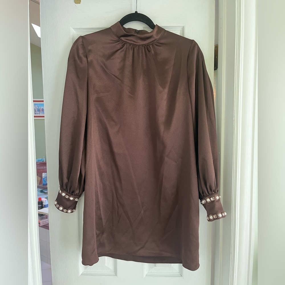 Sachin & Babi Brown Satin Dress with Pearl Cuffs
